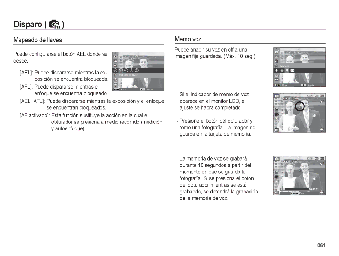 Samsung EC-WB5500BPAE1, EC-WB5500BPBE1 manual Mapeado de llaves Memo voz, Puede conﬁgurarse el botón AEL donde se desee 