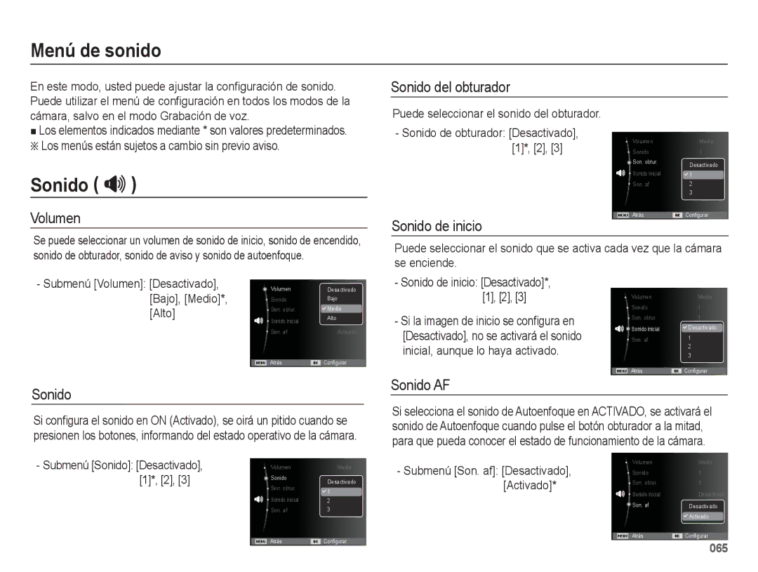 Samsung EC-WB5500BPAE1, EC-WB5500BPBE1 manual Menú de sonido, Sonido  