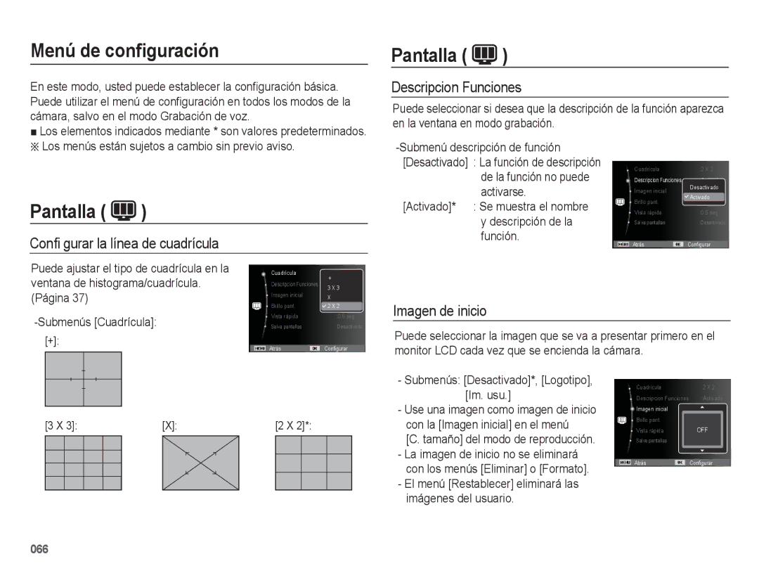 Samsung EC-WB5500BPBE1 manual Menú de conﬁguración, Pantalla, Descripcion Funciones, Conﬁ gurar la línea de cuadrícula 