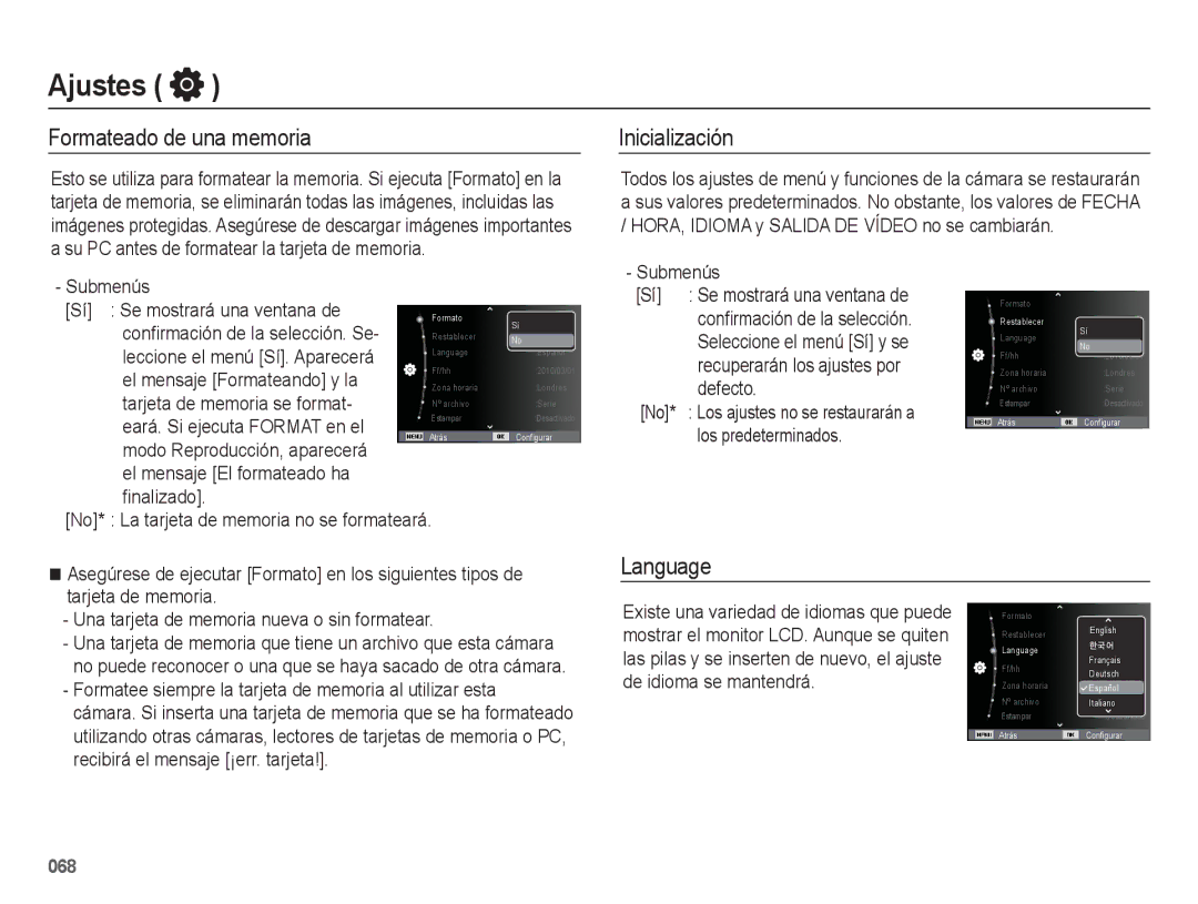 Samsung EC-WB5500BPBE1, EC-WB5500BPAE1 manual Ajustes, Formateado de una memoria, Inicialización, Language 