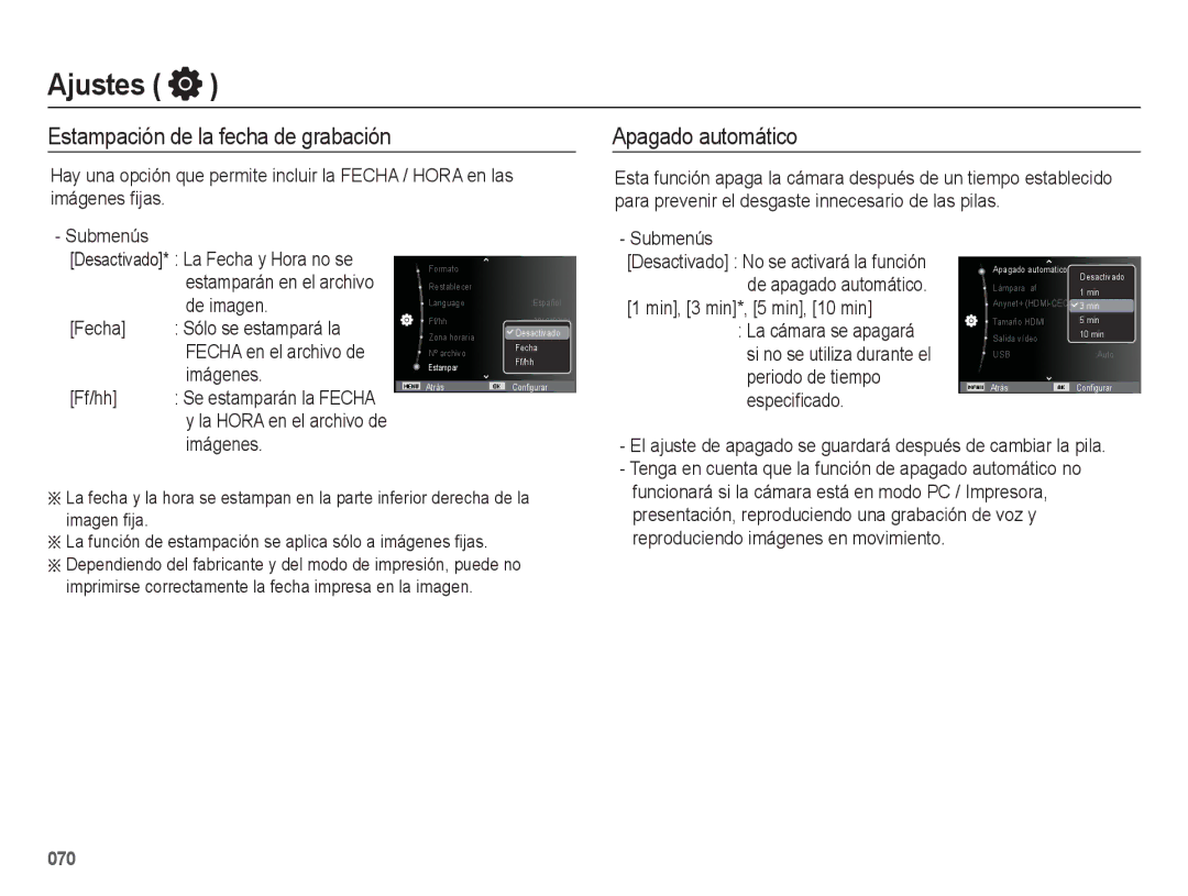 Samsung EC-WB5500BPBE1, EC-WB5500BPAE1 manual Estampación de la fecha de grabación, Apagado automático 