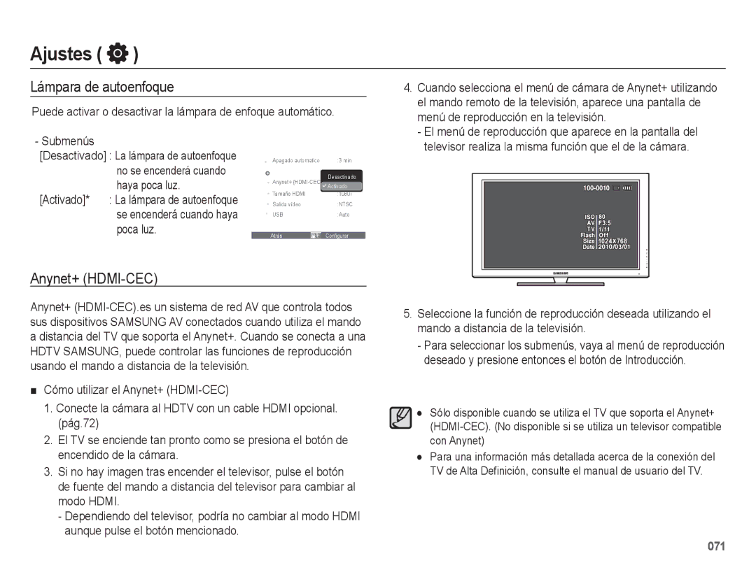 Samsung EC-WB5500BPAE1, EC-WB5500BPBE1 Lámpara de autoenfoque, Anynet+ HDMI-CEC, Menú de reproducción en la televisión 