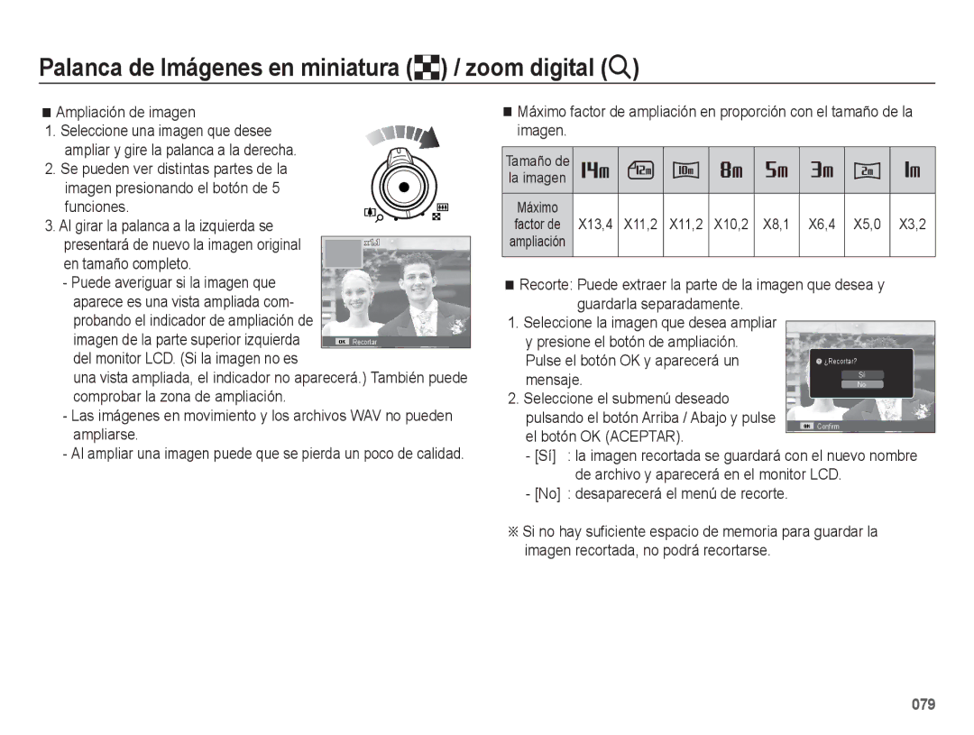 Samsung EC-WB5500BPAE1 manual Ampliación de imagen, Pulse el botón OK y aparecerá un, Mensaje Seleccione el submenú deseado 