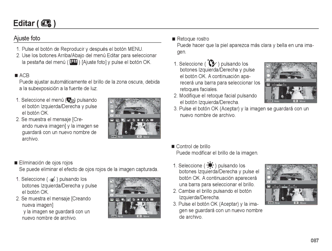 Samsung EC-WB5500BPAE1 manual Pulse el botón de Reproducir y después el botón Menu, El botón OK. a continuación apa 