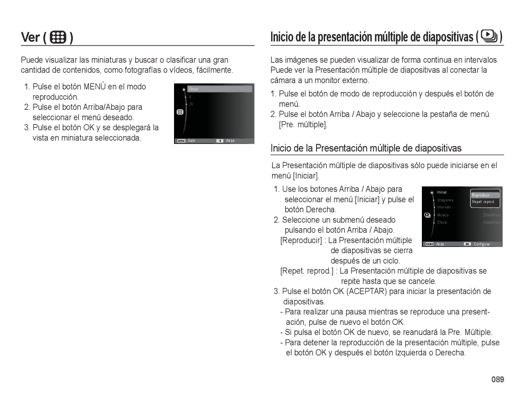 Samsung EC-WB5500BPAE1 manual Ver, Inicio de la Presentación múltiple de diapositivas, Seleccione un submenú deseado 