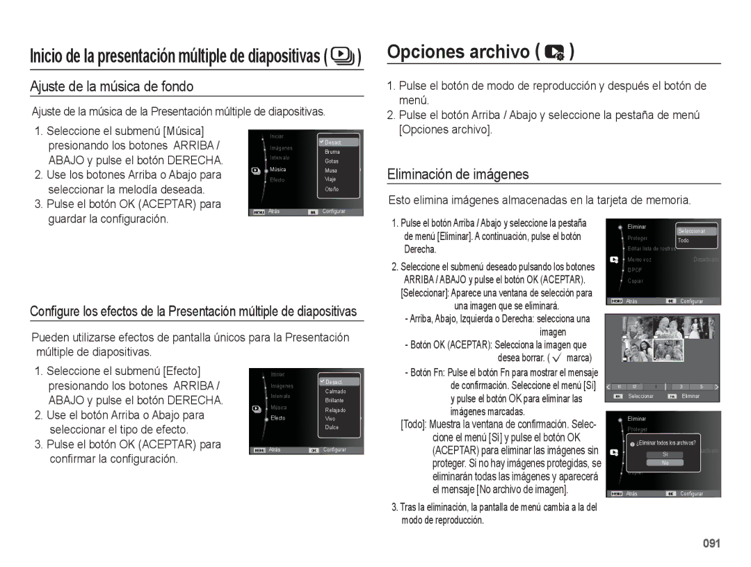 Samsung EC-WB5500BPAE1, EC-WB5500BPBE1 manual Opciones archivo, Ajuste de la música de fondo, Eliminación de imágenes, Menú 