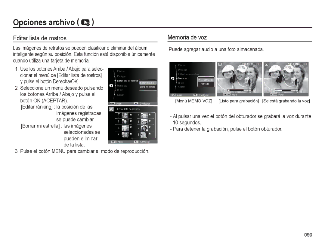 Samsung EC-WB5500BPAE1, EC-WB5500BPBE1 Editar lista de rostros, Memoria de voz, Puede agregar audio a una foto almacenada 