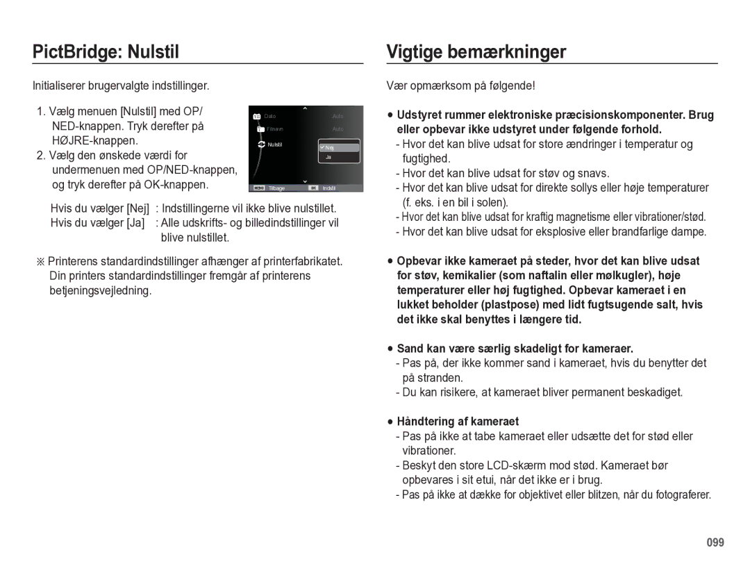 Samsung EC-WB5500BPBE2 manual PictBridge Nulstil Vigtige bemærkninger, Sand kan være særlig skadeligt for kameraer 