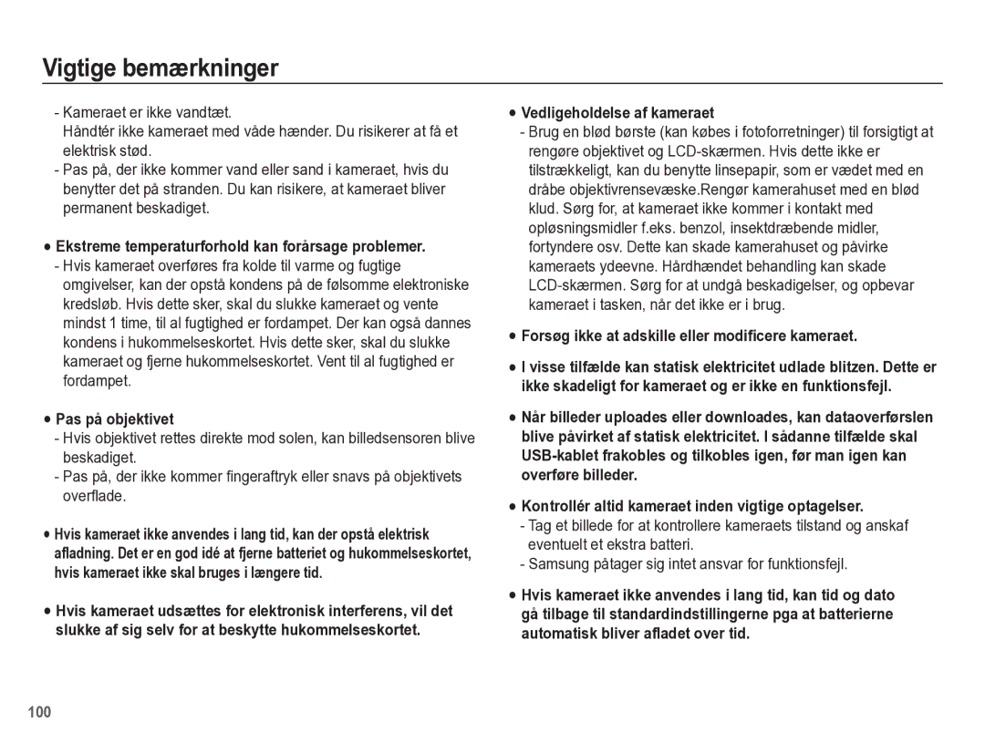 Samsung EC-WB5500BPBE2 Ekstreme temperaturforhold kan forårsage problemer, Pas på objektivet, Vedligeholdelse af kameraet 