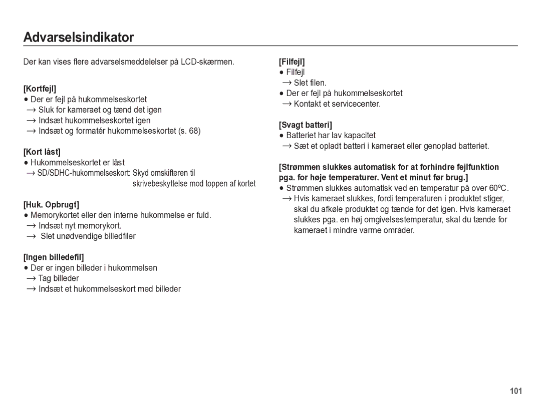 Samsung EC-WB5500BPBE2 manual Kortfejl, Huk. Opbrugt, Ingen billedefil, Filfejl Filfejl, Svagt batteri 