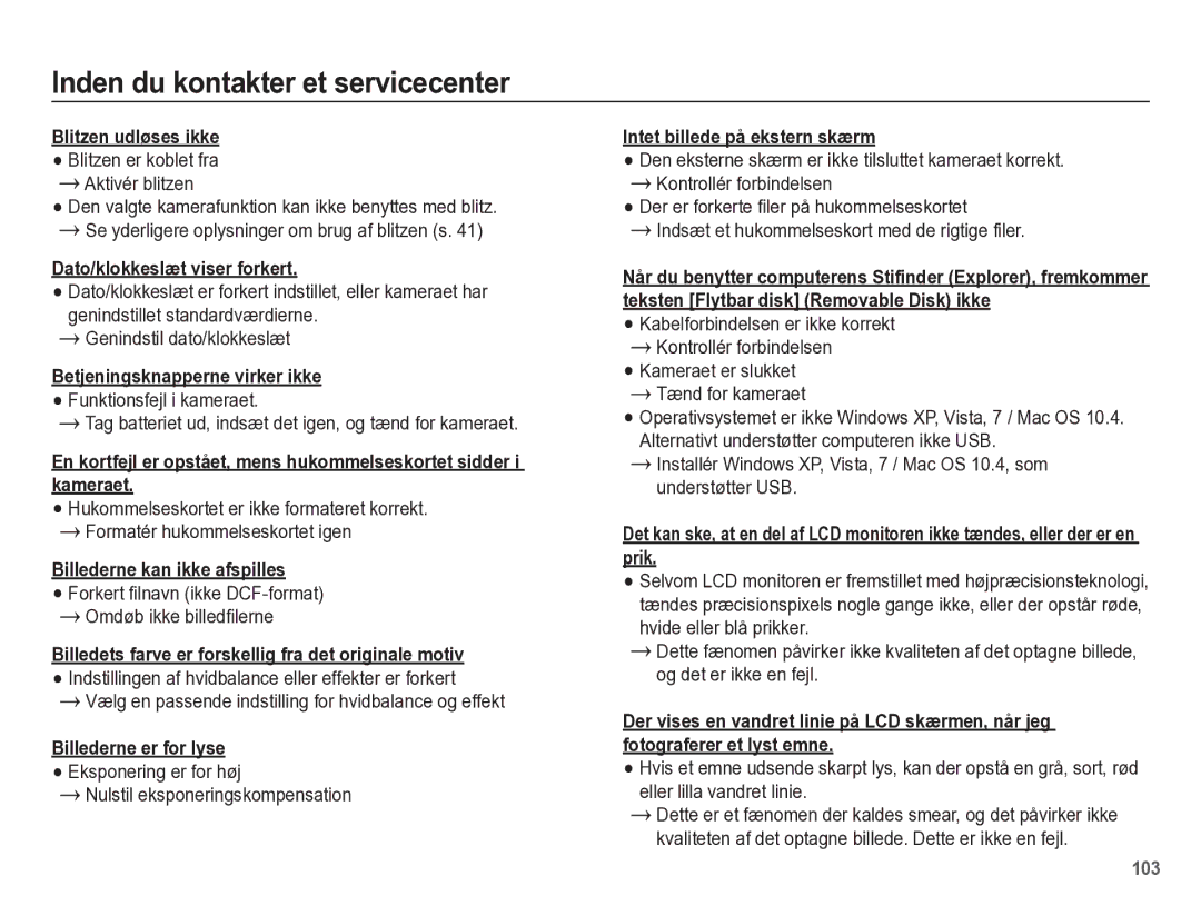 Samsung EC-WB5500BPBE2 manual Dato/klokkeslæt viser forkert, Betjeningsknapperne virker ikke, Billederne kan ikke afspilles 