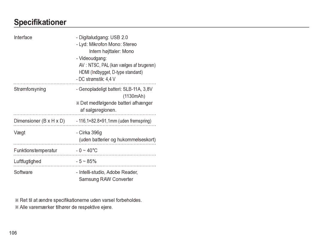 Samsung EC-WB5500BPBE2 manual DC strømstik 4,4, Strømforsyning, 1130mAh, Af salgsregionen, Vægt Cirka 396g 