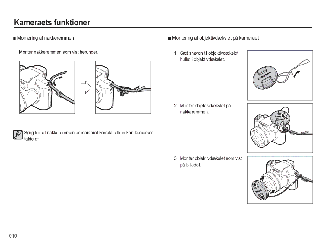 Samsung EC-WB5500BPBE2 manual Montering af nakkeremmen, Montering af objektivdækslet på kameraet 