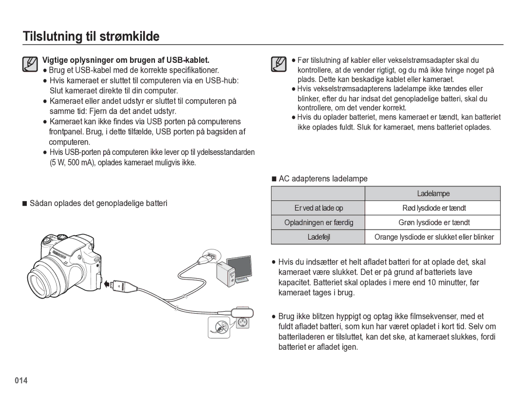 Samsung EC-WB5500BPBE2 Vigtige oplysninger om brugen af USB-kablet, Sådan oplades det genopladelige batteri, Ladelampe 