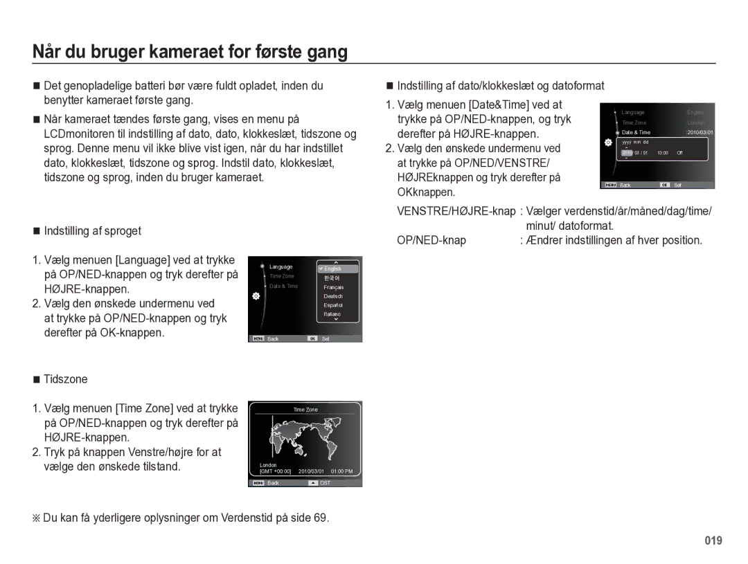 Samsung EC-WB5500BPBE2 manual Når du bruger kameraet for første gang 