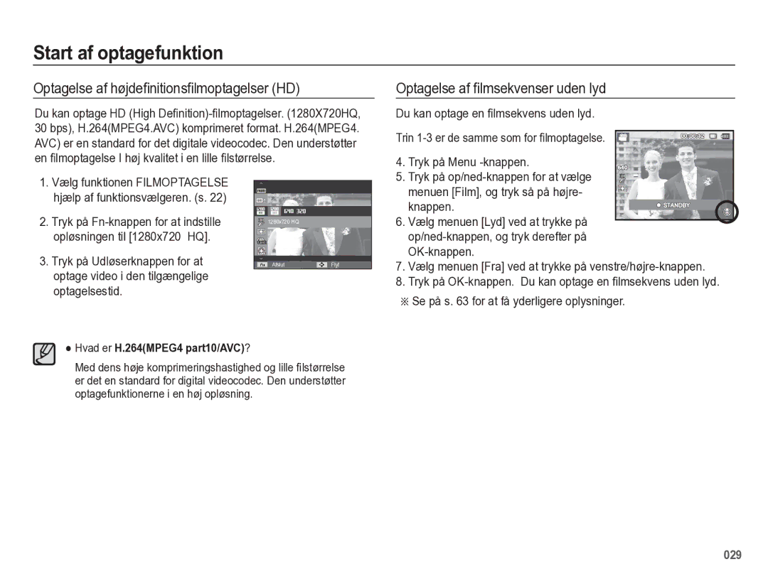 Samsung EC-WB5500BPBE2 manual Optagelse af højdeﬁnitionsﬁlmoptagelser HD, Optagelse af ﬁlmsekvenser uden lyd 