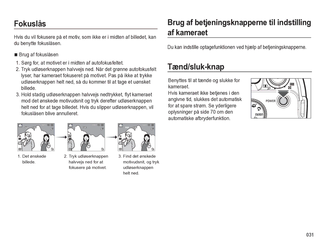 Samsung EC-WB5500BPBE2 manual Fokuslås, Brug af betjeningsknapperne til indstilling af kameraet, Tænd/sluk-knap 