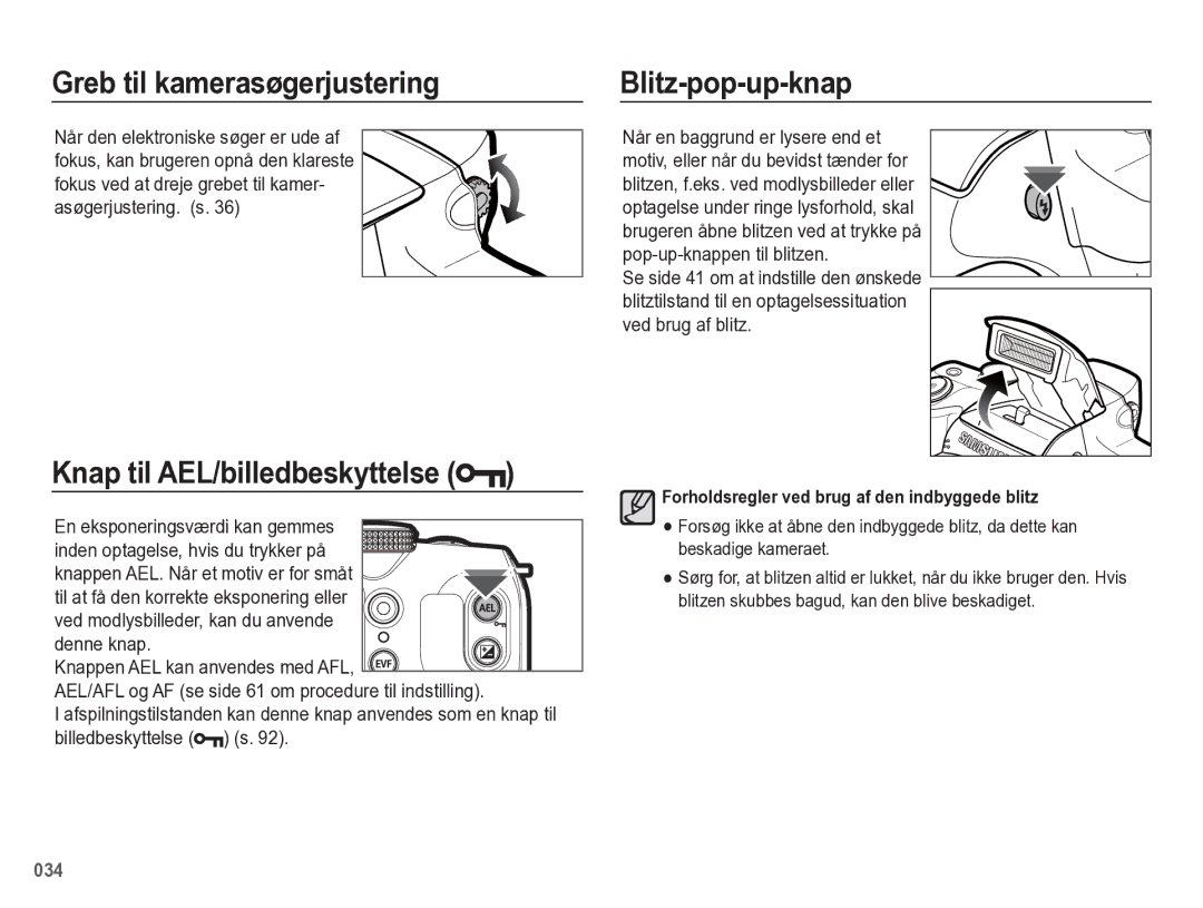 Samsung EC-WB5500BPBE2 manual Greb til kamerasøgerjustering, Knap til AEL/billedbeskyttelse, Blitz-pop-up-knap 