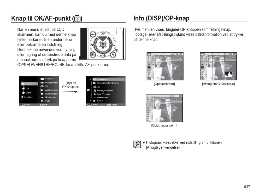 Samsung EC-WB5500BPBE2 manual Knap til OK/AF-punkt, Info DISP/OP-knap 