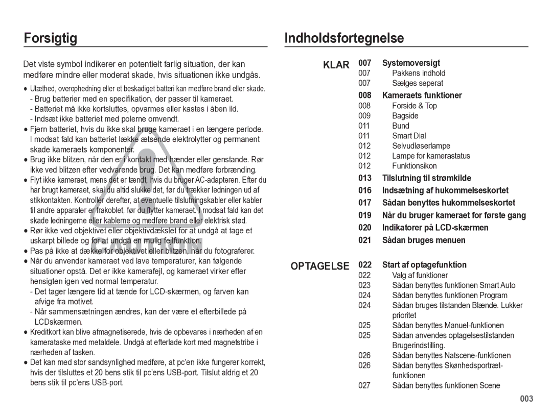 Samsung EC-WB5500BPBE2 manual Forsigtig Indholdsfortegnelse, Systemoversigt, Kameraets funktioner 