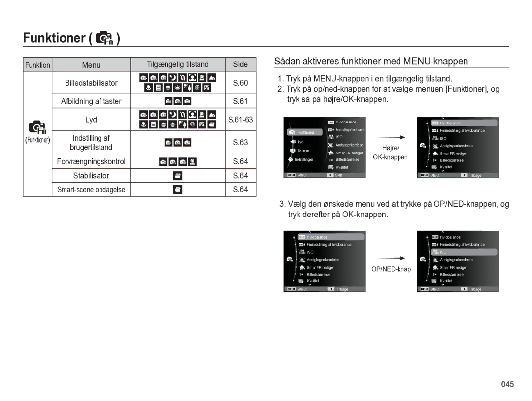 Samsung EC-WB5500BPBE2 manual Tryk på MENU-knappen i en tilgængelig tilstand, Tryk så på højre/OK-knappen 