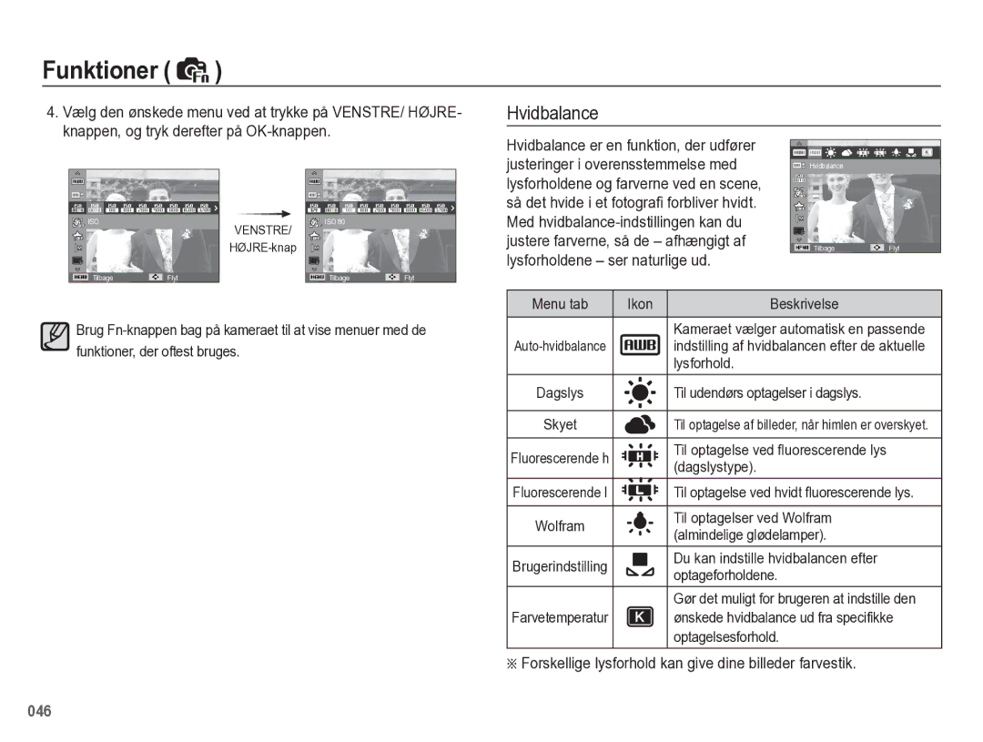 Samsung EC-WB5500BPBE2 manual Hvidbalance, Knappen, og tryk derefter på OK-knappen 