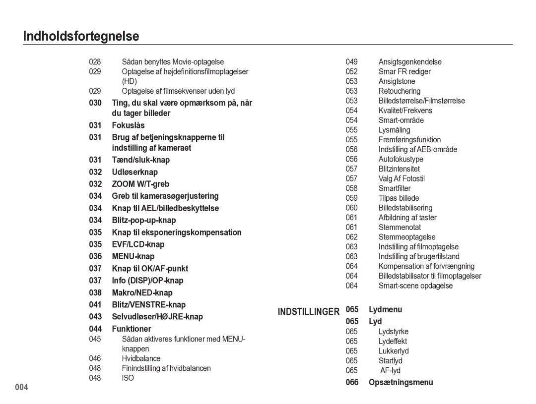 Samsung EC-WB5500BPBE2 manual 065 Lyd, 066 Opsætningsmenu, Lydstyrke Lydeffekt Lukkerlyd Startlyd AF-lyd 