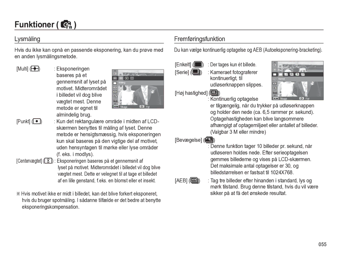 Samsung EC-WB5500BPBE2 manual Lysmåling, Fremføringsfunktion 