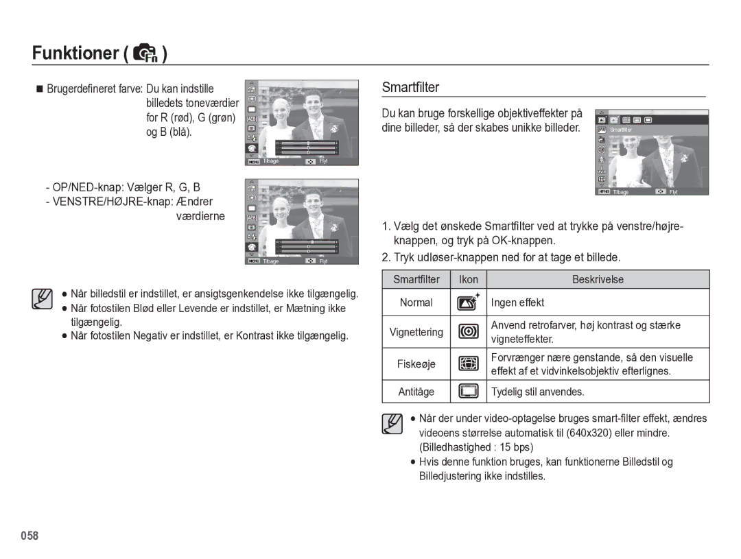 Samsung EC-WB5500BPBE2 manual Smartﬁlter, OP/NED-knap Vælger R, G, B 