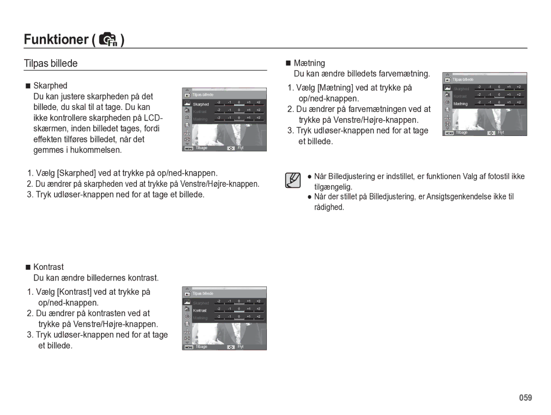 Samsung EC-WB5500BPBE2 manual Tilpas billede, Mætning Du kan ændre billedets farvemætning, Skarphed 