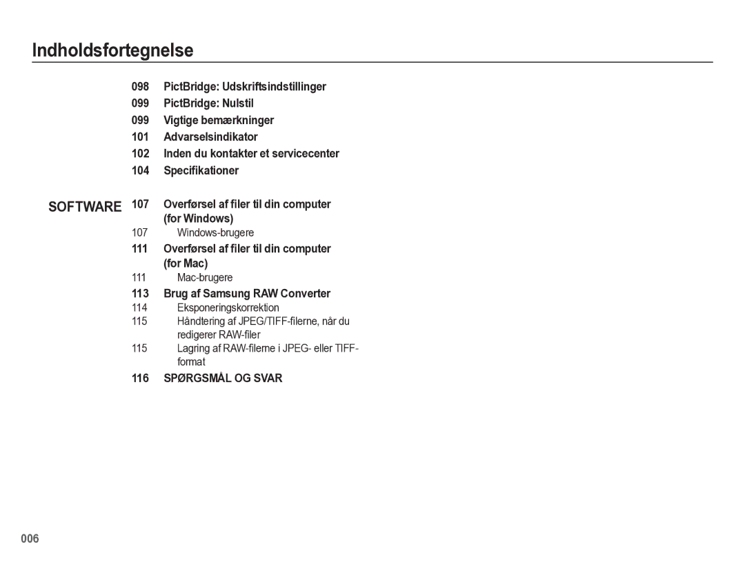 Samsung EC-WB5500BPBE2 manual Speciﬁkationer, For Windows, 111, For Mac, Brug af Samsung RAW Converter, 116 