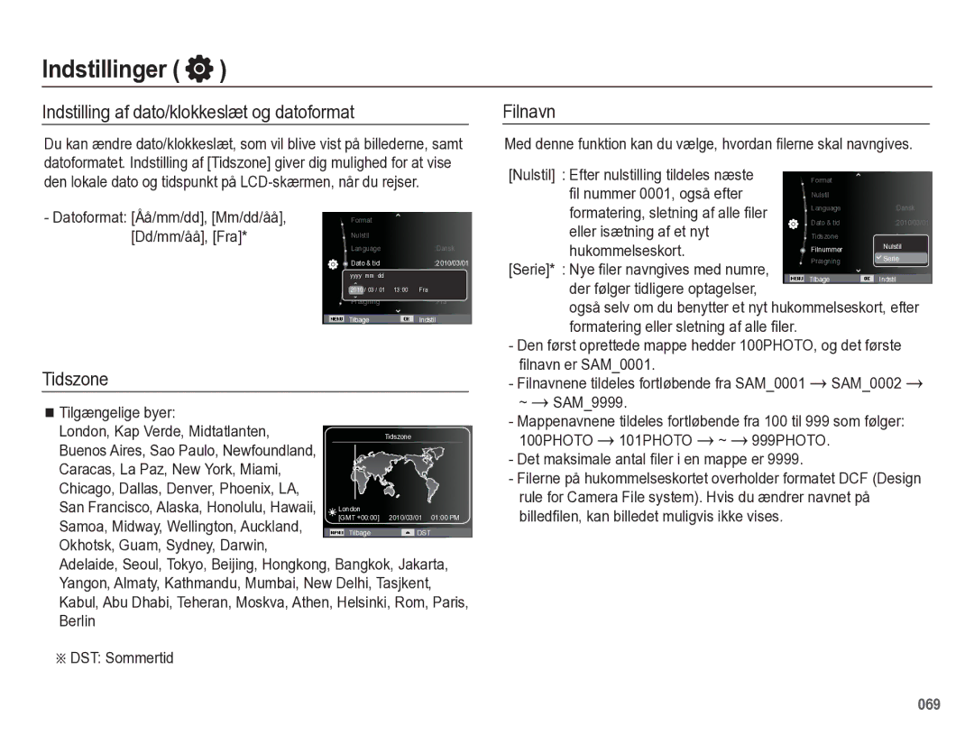 Samsung EC-WB5500BPBE2 manual Indstilling af dato/klokkeslæt og datoformat, Tidszone, Filnavn 