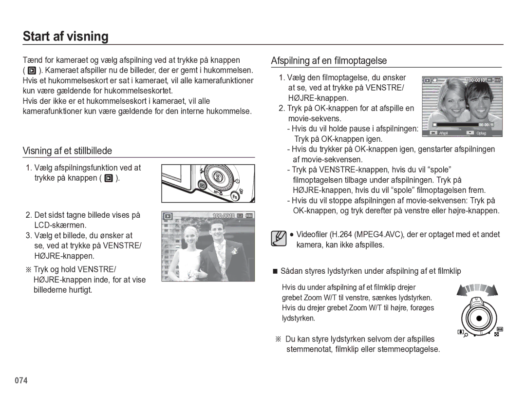 Samsung EC-WB5500BPBE2 manual Start af visning, Afspilning af en ﬁlmoptagelse, Visning af et stillbillede 