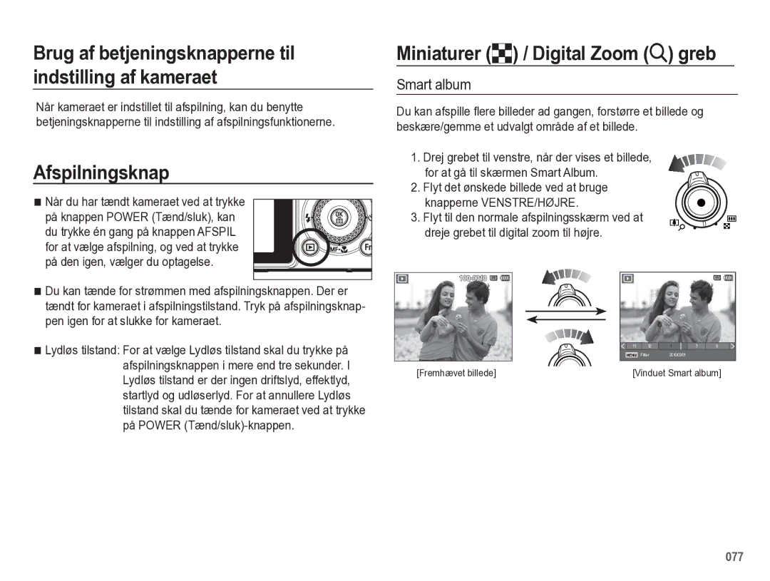 Samsung EC-WB5500BPBE2 manual Afspilningsknap, Miniaturer º / Digital Zoom í greb, Smart album 