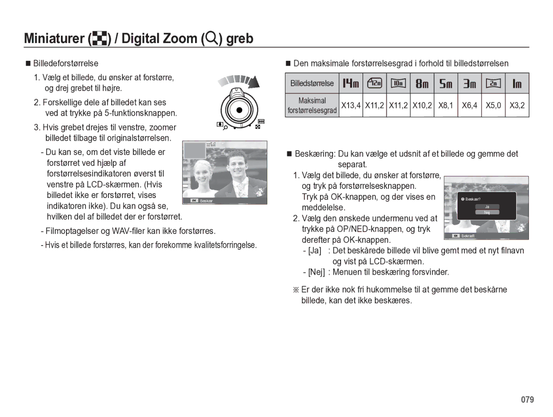 Samsung EC-WB5500BPBE2 manual Billedeforstørrelse, Tryk på OK-knappen, og der vises en, Meddelelse, Derefter på OK-knappen 