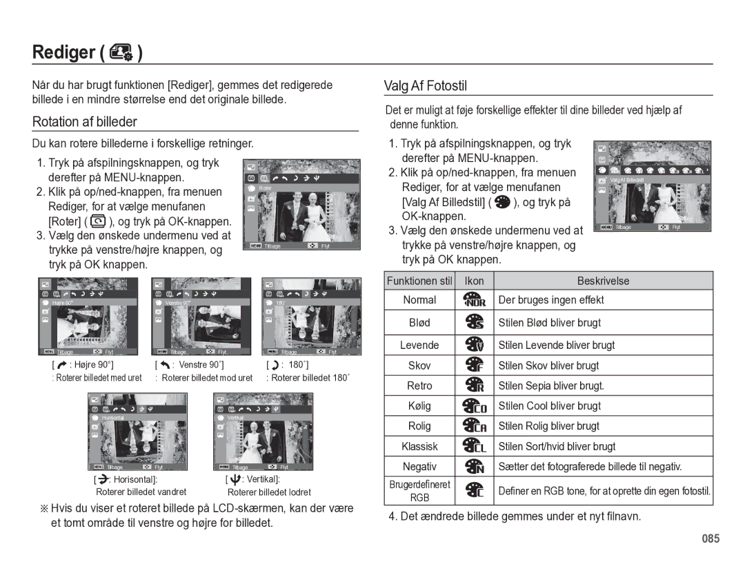 Samsung EC-WB5500BPBE2 manual Rotation af billeder Valg Af Fotostil, Derefter på MENU-knappen 