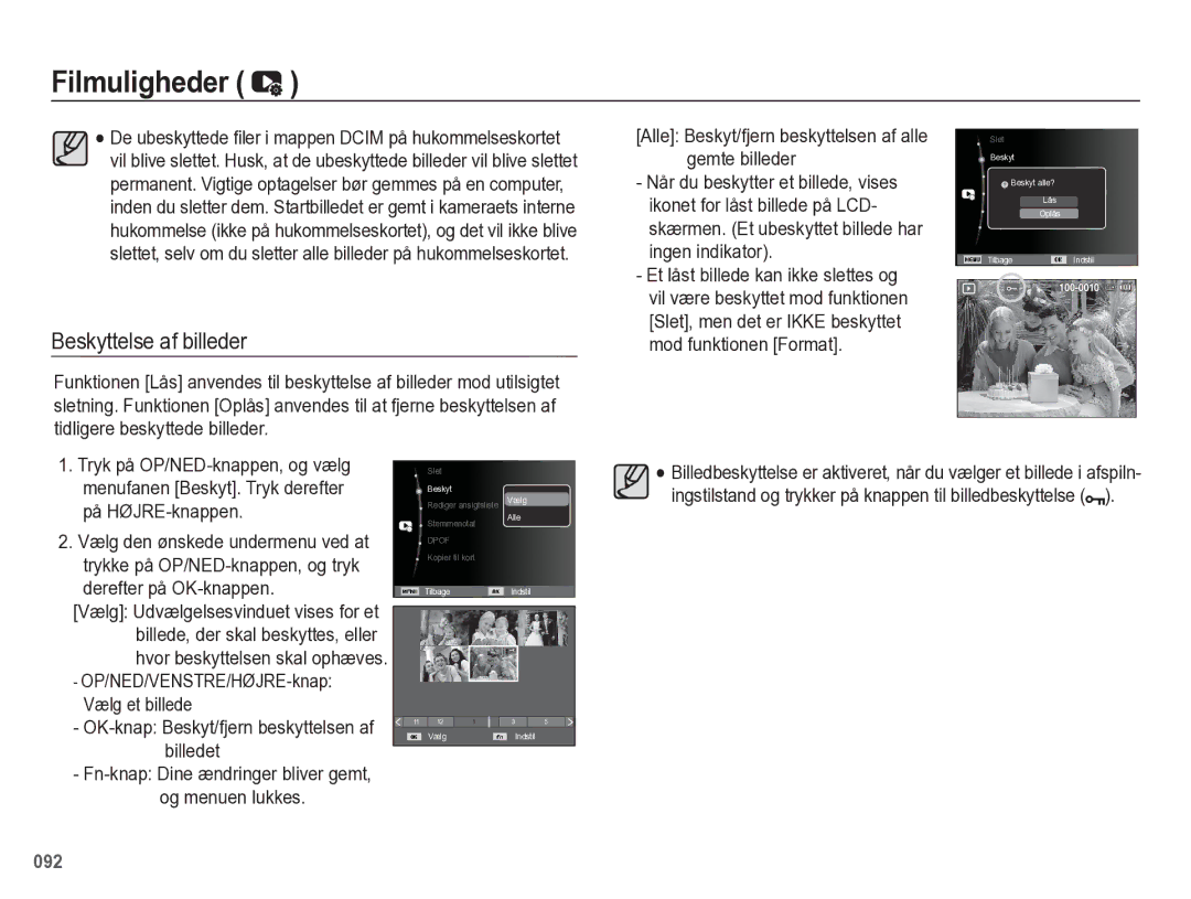 Samsung EC-WB5500BPBE2 manual Beskyttelse af billeder, Trykke på OP/NED-knappen, og tryk derefter på OK-knappen 