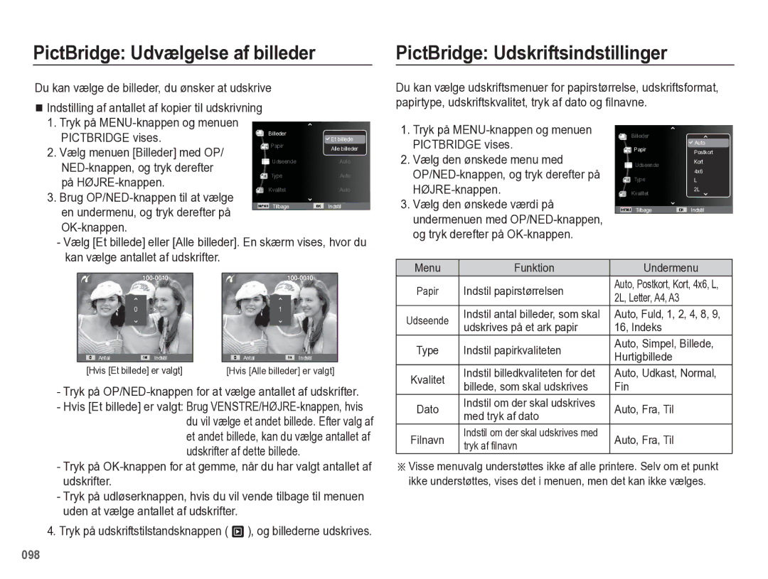 Samsung EC-WB5500BPBE2 manual PictBridge Udvælgelse af billeder, PictBridge Udskriftsindstillinger 