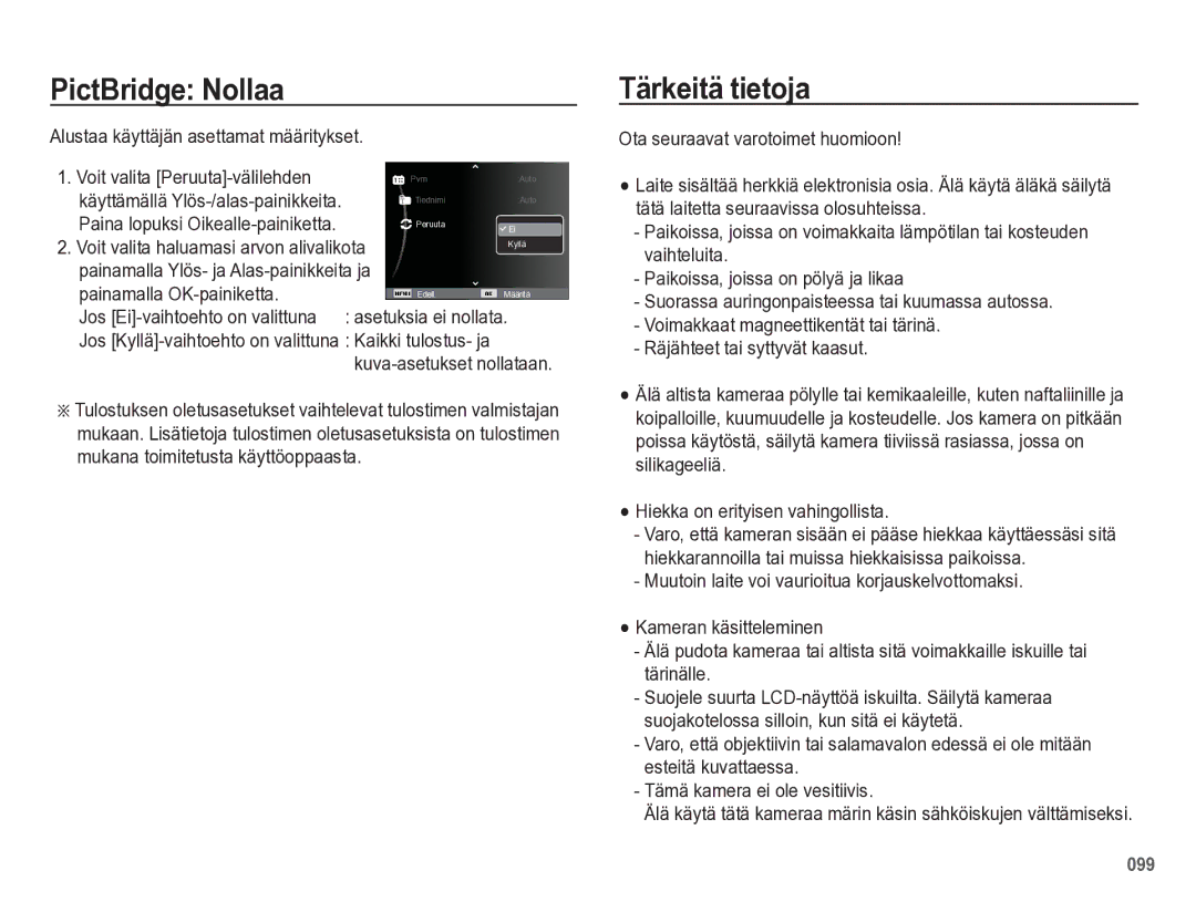 Samsung EC-WB5500BPBE2 PictBridge Nollaa, Tärkeitä tietoja, Alustaa käyttäjän asettamat määritykset, Asetuksia ei nollata 