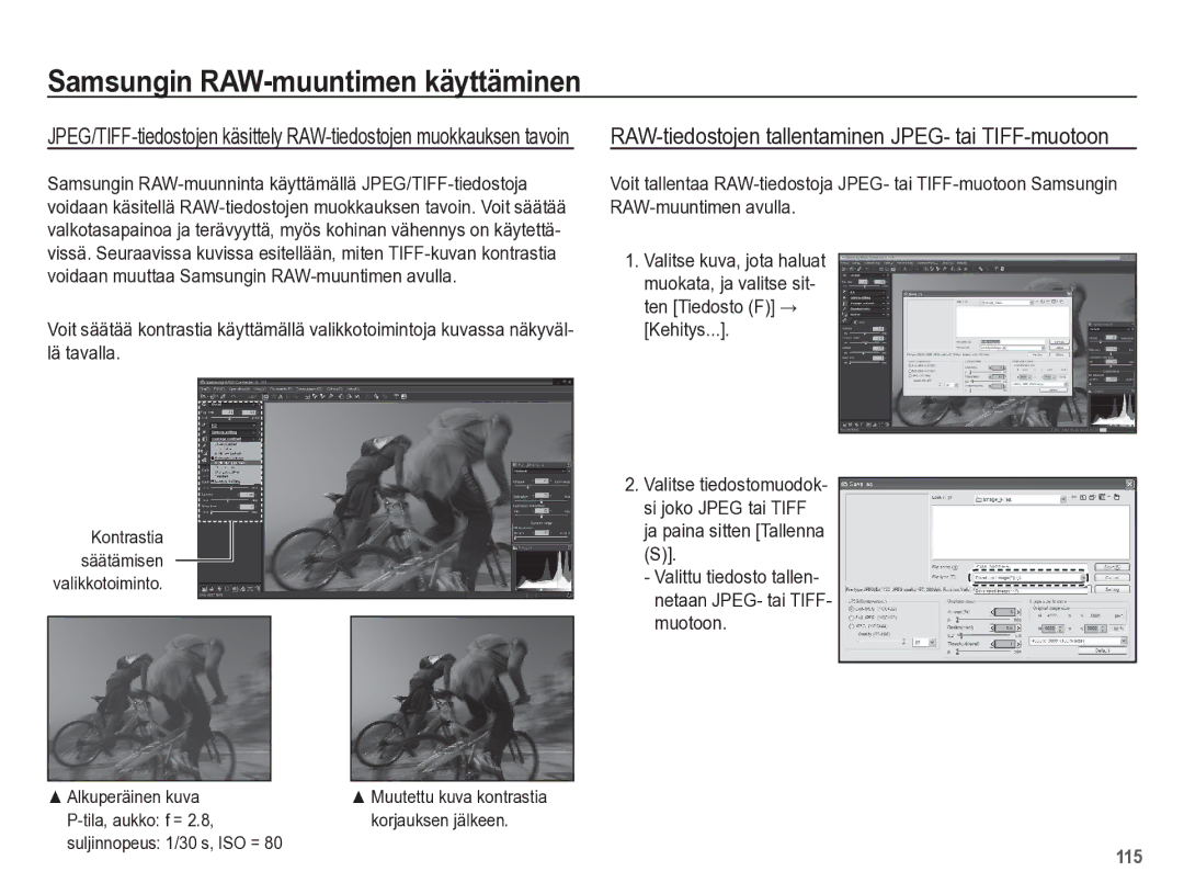 Samsung EC-WB5500BPBE2 manual RAW-tiedostojen tallentaminen JPEG- tai TIFF-muotoon 