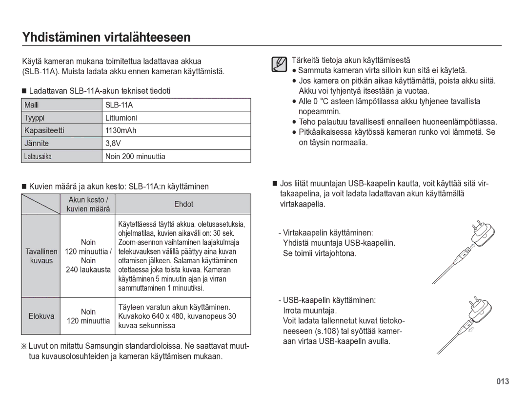 Samsung EC-WB5500BPBE2 manual Yhdistäminen virtalähteeseen, Ladattavan SLB-11A-akun tekniset tiedoti 