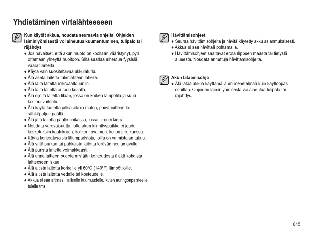 Samsung EC-WB5500BPBE2 manual Hävittämisohjeet, Akkua ei saa hävittää polttamalla 