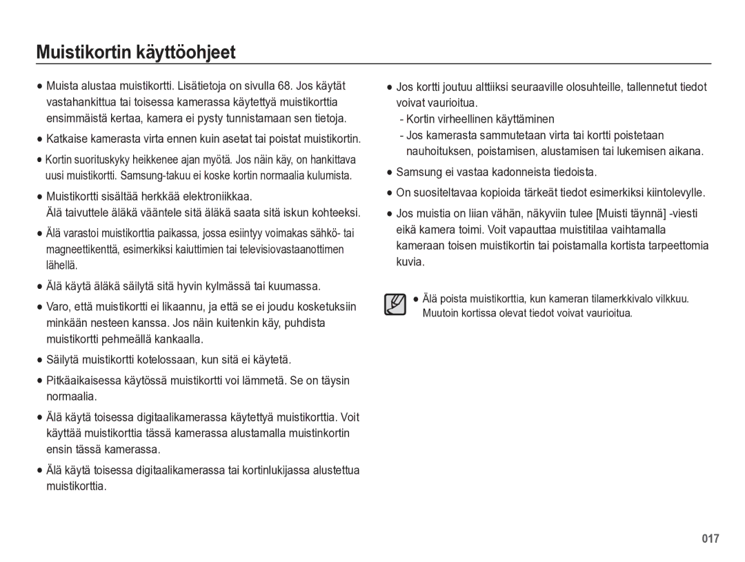 Samsung EC-WB5500BPBE2 manual Muistikortin käyttöohjeet, Muistikortti sisältää herkkää elektroniikkaa 