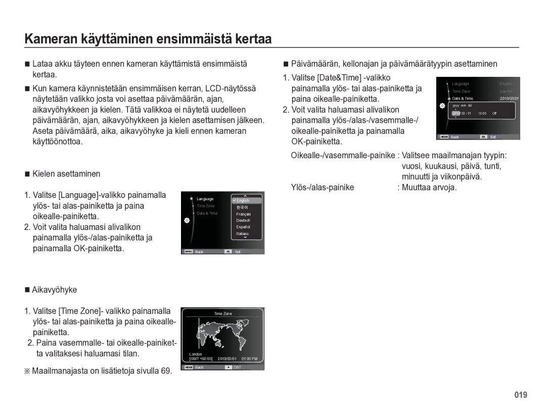 Samsung EC-WB5500BPBE2 Kameran käyttäminen ensimmäistä kertaa, Kielen asettaminen, Aikavyöhyke, Minuutti ja viikonpäivä 