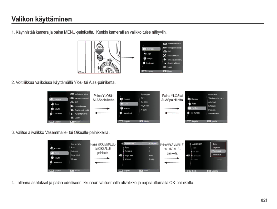 Samsung EC-WB5500BPBE2 manual Valikon käyttäminen, Valitse alivalikko Vasemmalle- tai Oikealle-painikkeilla 