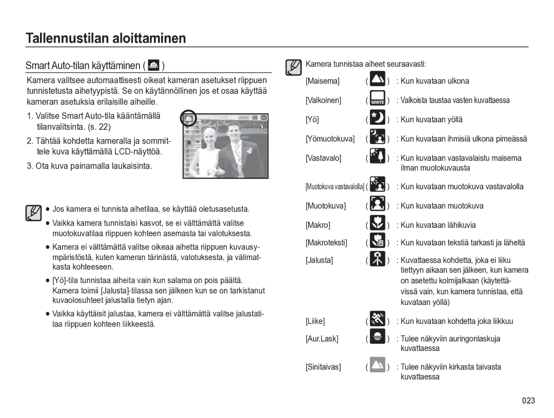 Samsung EC-WB5500BPBE2 manual Smart Auto-tilan käyttäminen, Ota kuva painamalla laukaisinta 