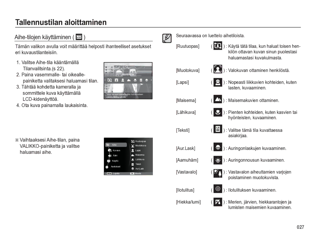 Samsung EC-WB5500BPBE2 manual Aihe-tilojen käyttäminen 