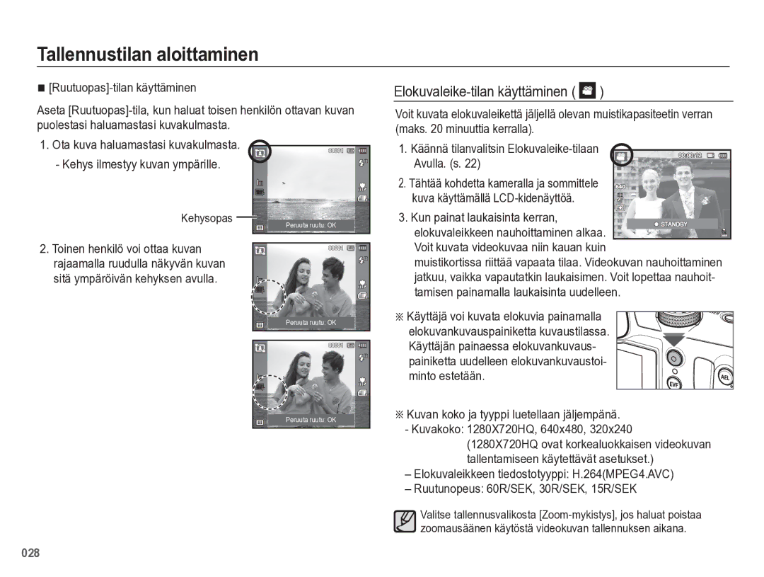 Samsung EC-WB5500BPBE2 manual Elokuvaleike-tilan käyttäminen, Kehysopas, Käännä tilanvalitsin Elokuvaleike-tilaan Avulla. s 