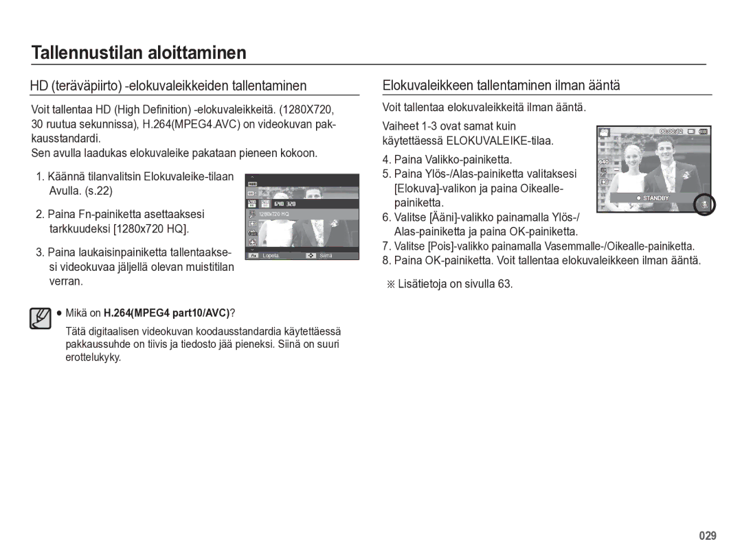 Samsung EC-WB5500BPBE2 manual HD teräväpiirto -elokuvaleikkeiden tallentaminen, Elokuvaleikkeen tallentaminen ilman ääntä 