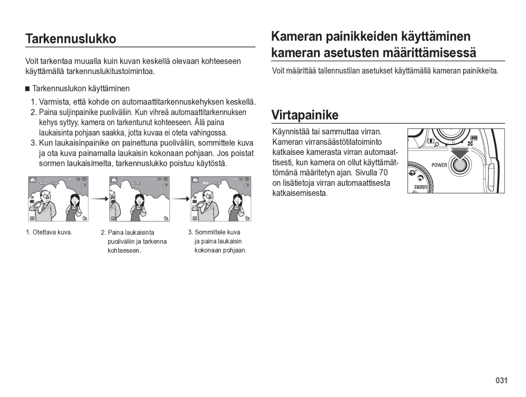 Samsung EC-WB5500BPBE2 manual Tarkennuslukko, Virtapainike 